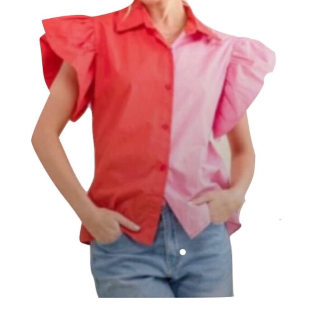 Women's Color Block Ruffle Sleeve Top in Red/Pink Size L